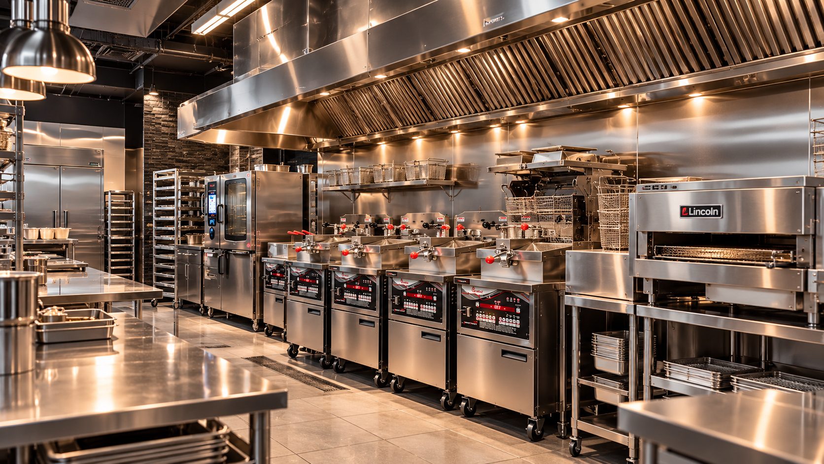 Commercial kitchen line with pressure fryers, a conveyor oven and stainless steel prep tables under an exhaust hood